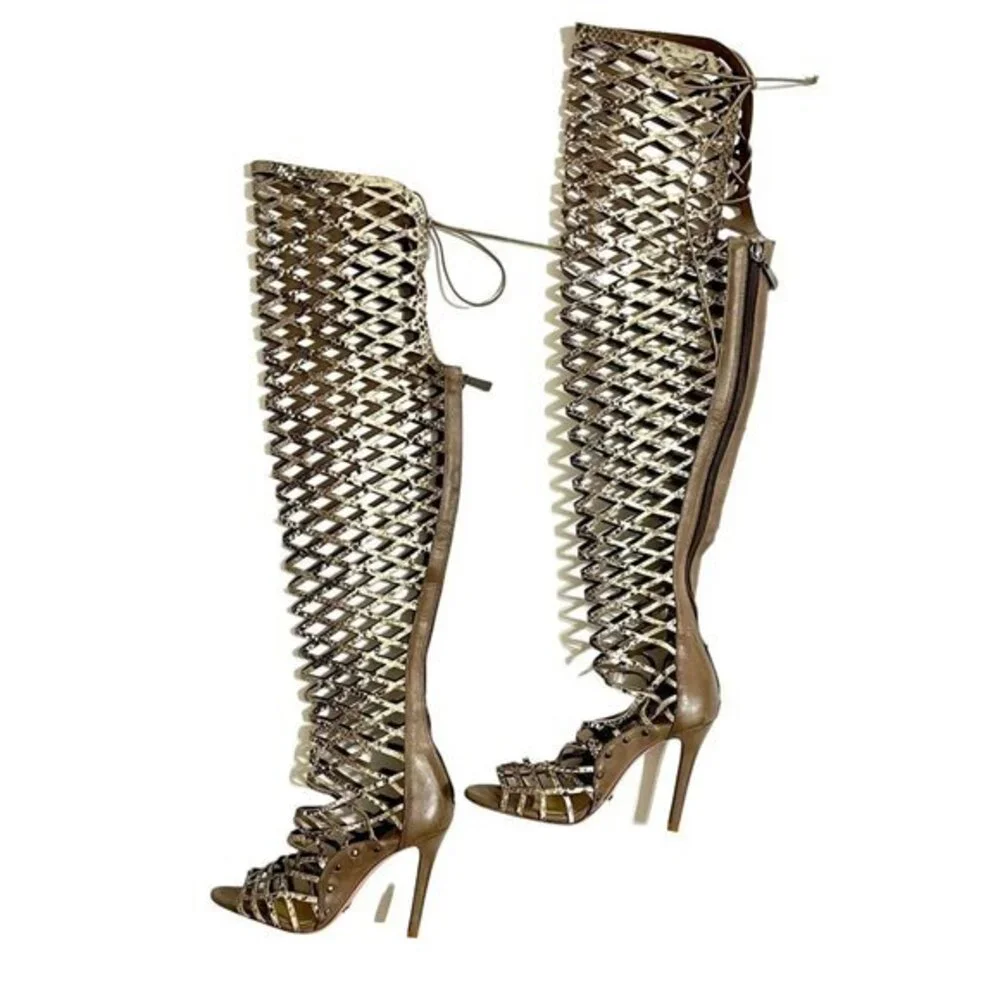 Schutz Karlyana Caged Over The Knee Laser Cut Peep Toe Boots Snake Print